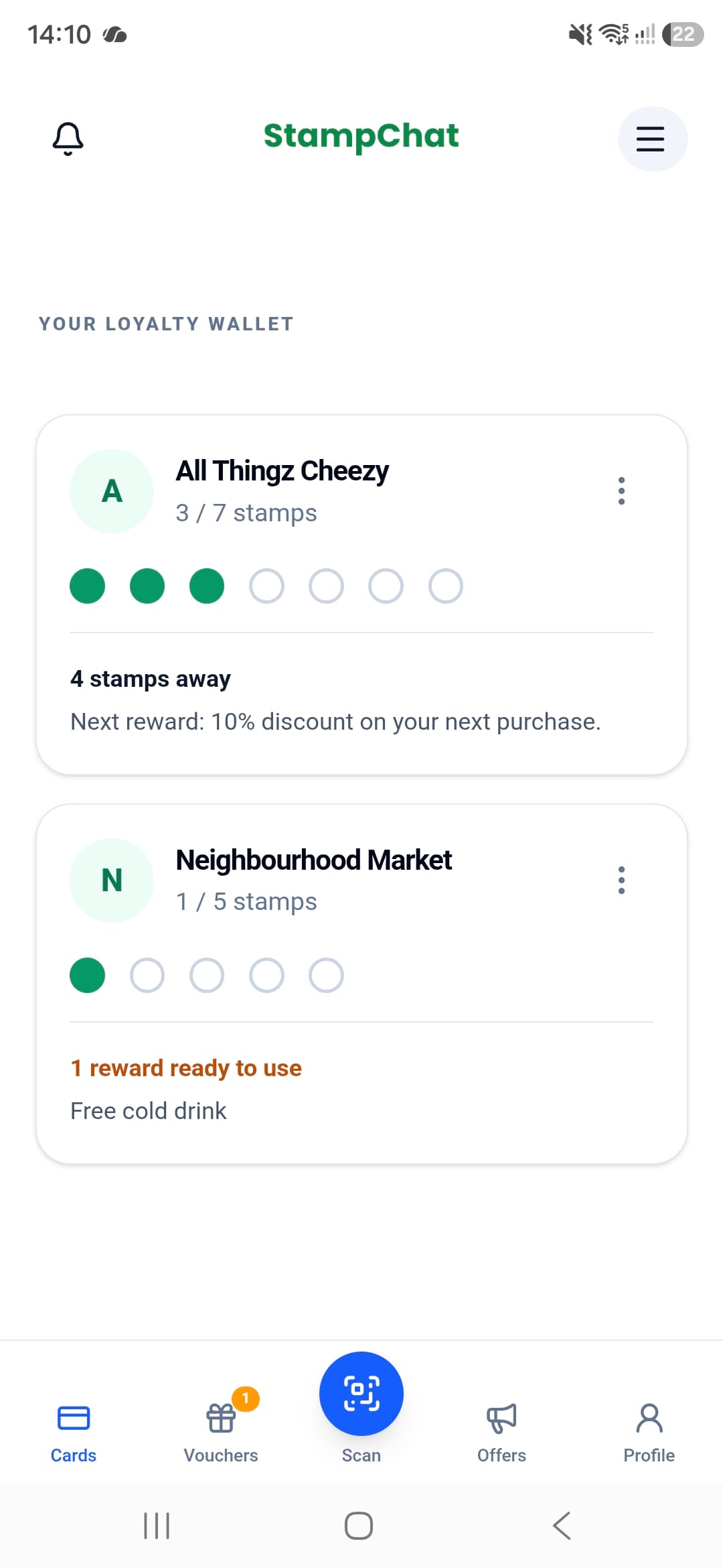StampChat mobile loyalty screen